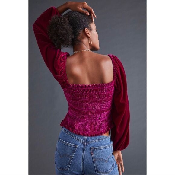 NEW Anthropologie Puff-Sleeved Smocked Velvet Long-Sleeeve Top Blouse X-Small - Picture 2 of 3